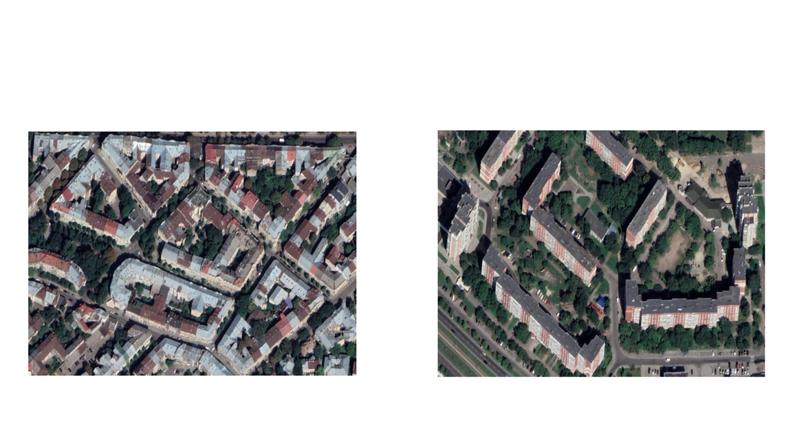 Die Vorteile der historischen Bebauung in Lwiw gegenüber sowjetischen Plattenbauten zeigen sich gut aus der Vogelperspektive: Wo beginnt der private Raum? Zu welchem Haus gehört der Innenhof?